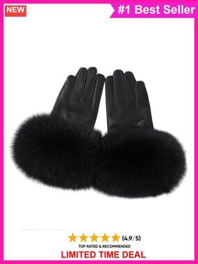 Genuine Lambskin Leather Gloves Real Fox Fur Cuff Velvet Lined Winter Warm